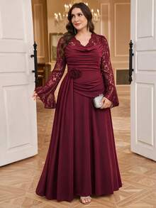 Reflora Plus Size Burgundy High Elasticity Knit Mom Party Wedding Formal Dress Christmas Fall Elegant Romantic - Burgundy - View 2