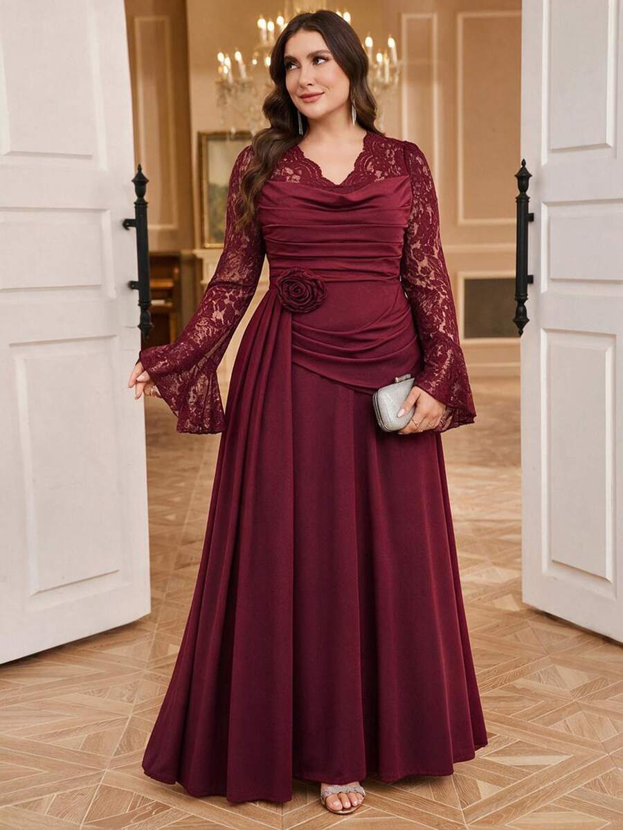 Reflora Plus Size Burgundy High Elasticity Knit Mom Party Wedding Formal Dress Christmas Fall Elegant Romantic - Burgundy - View 1
