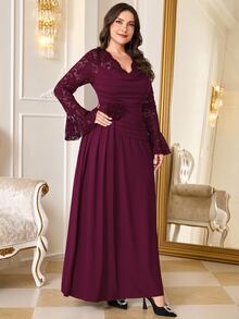Reflora Plus Size Burgundy High Elasticity Knit Mom Party Wedding Formal Dress Christmas Fall Elegant Romantic - Burgundy - View 5
