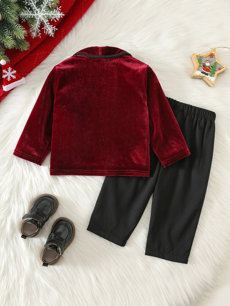 SHEIN Baby Boy Gentleman Suit Red Velvet Blazer Black Dress Pants Set Infant Formal Suit Christmas Party Outfit - Multicolor - View 3
