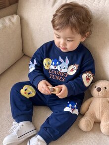 LOONEY TUNES X SHEIN Infant Toddler Casual Smart Racing Cute Cartoon Pattern Round Neck Comfortable Outfit Set Suitable For Fall/ Baby Boys Matching Family Family Matching - Multicolor - View 1