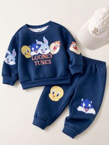LOONEY TUNES X SHEIN Infant Toddler Casual Smart Racing Cute Cartoon Pattern Round Neck Comfortable Outfit Set Suitable For Fall/ Baby Boys Matching Family Family Matching - Multicolor - View 2