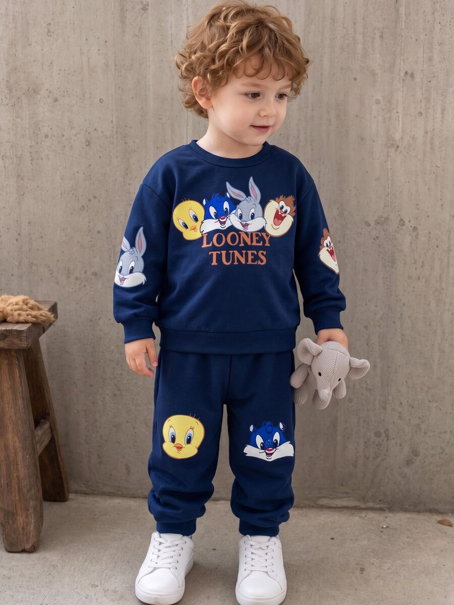 LOONEY TUNES X SHEIN 嬰兒幼兒休閒時尚賽車可愛卡通圖案圓領舒適套裝,適合秋季,男嬰款,親子套裝 - 彩色 - 查看 1
