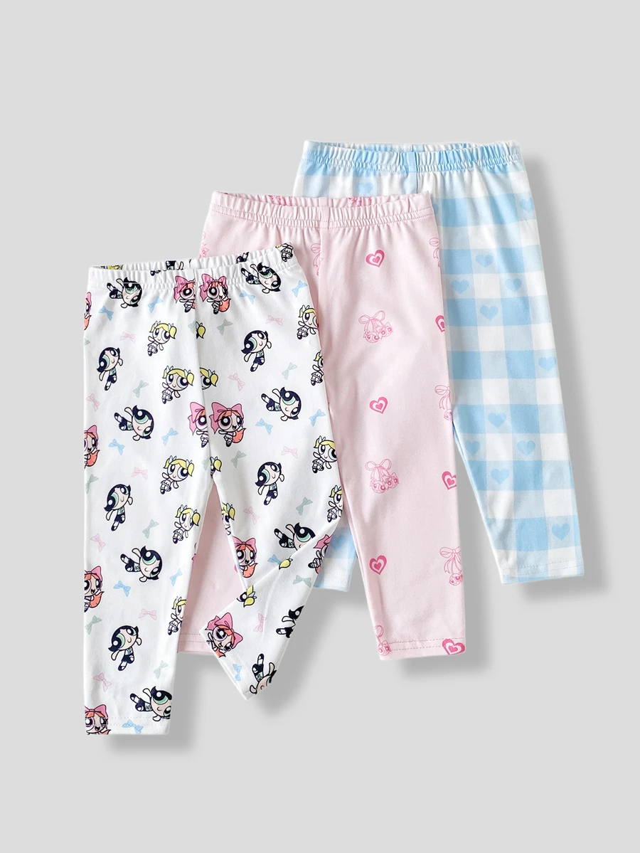 THE POWERPUFF GIRLS X SHEIN 3件組女嬰褲裝,白色、粉色、藍色與白色,秋季休閒可愛款 - 彩色 - 查看 1