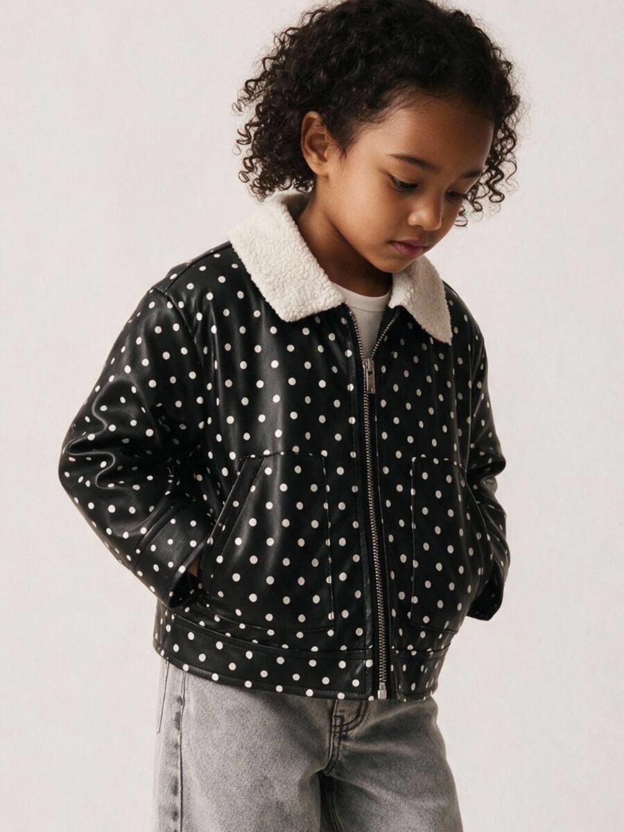 Maija Kids Maija Kids Young Girl Cute Autumn/Winter Versatile Colorblock Black Polka Dot Pattern Long Sleeve Jacket Kids - Black - View 1