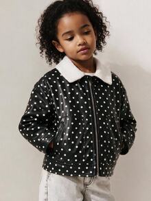 Maija Kids Maija Kids Young Girl Cute Autumn/Winter Versatile Colorblock Black Polka Dot Pattern Long Sleeve Jacket Kids - Black - View 6