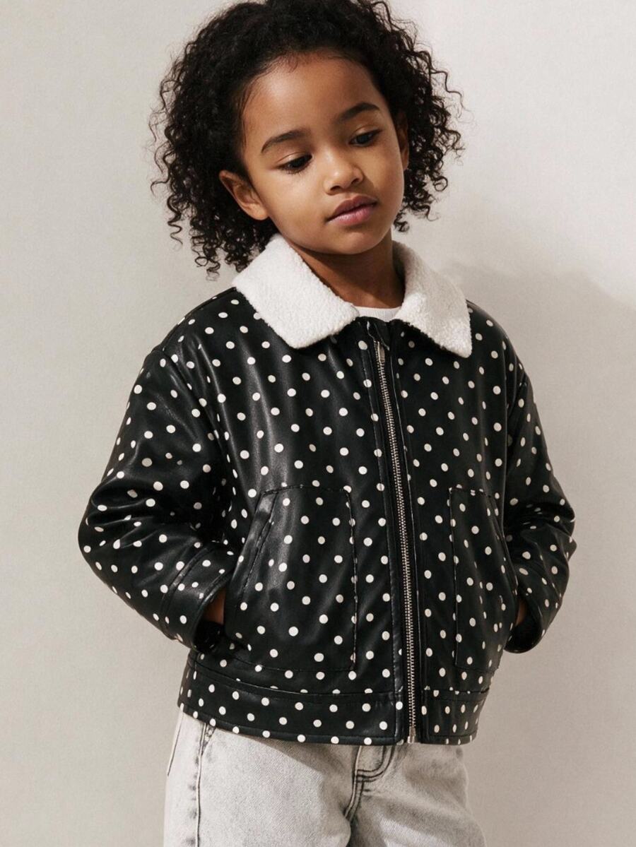 Maija Kids Maija Kids Young Girl Cute Autumn/Winter Versatile Colorblock Black Polka Dot Pattern Long Sleeve Jacket Kids - Black - View 1