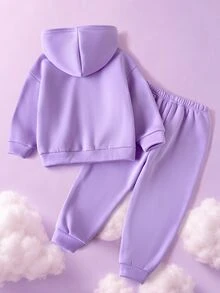 SHEIN X Care Bears 2件組女童幼女休閒百搭彩色卡通圖案圓領寬鬆長袖套頭上衣與長褲套裝 秋季節慶 7歲生日 - 紫色 - 查看 3