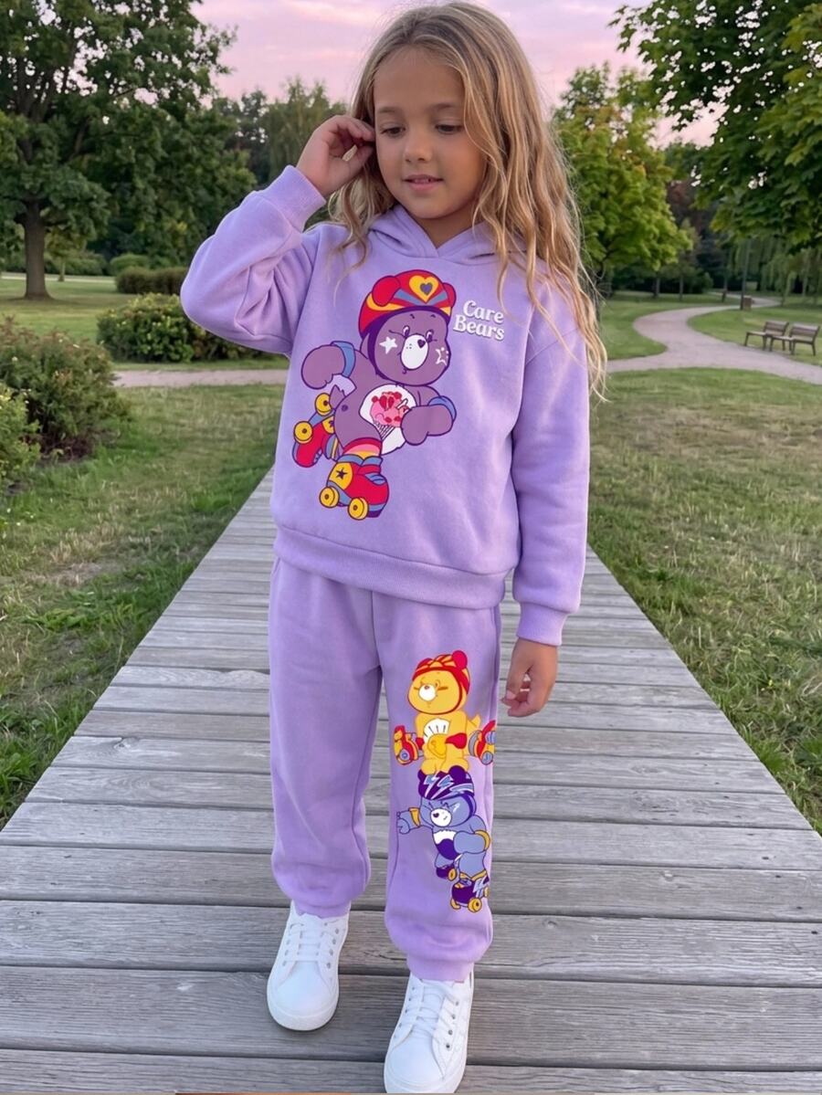 SHEIN X Care Bears 2件組女童幼女休閒百搭彩色卡通圖案圓領寬鬆長袖套頭上衣與長褲套裝 秋季節慶 7歲生日 - 紫色 - 查看 1