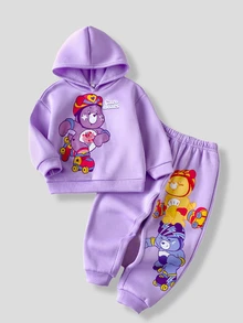 SHEIN X Care Bears 2件組女童幼女休閒百搭彩色卡通圖案圓領寬鬆長袖套頭上衣與長褲套裝 秋季節慶 7歲生日 - 紫色 - 查看 9