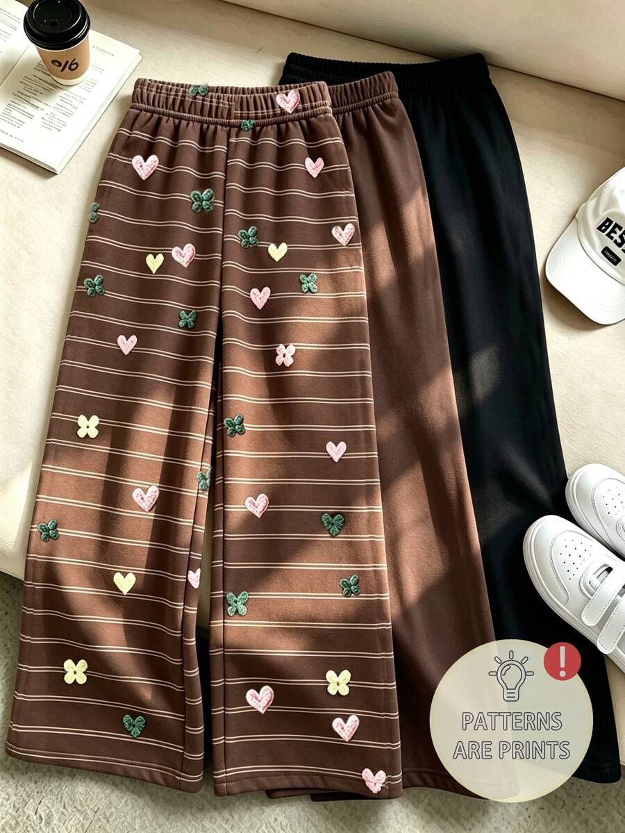 SHEIN 3件組女款寬腿直筒褲 秋冬新款時尚條紋印花褲,焦糖色、深棕色與黑色,百搭混搭,適合外出、上學、休閒穿著,舒適休閒 INS 風格秋冬新褲 - 彩色 - 查看 1