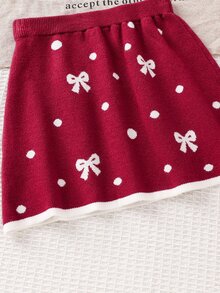 SHEIN 女童針織拼色蝴蝶結波點圖案彼得潘領休閒秋冬毛衣與裙子兩件套 - 酒紅色 - 查看 5