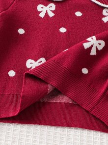 SHEIN 女童針織拼色蝴蝶結波點圖案彼得潘領休閒秋冬毛衣與裙子兩件套 - 酒紅色 - 查看 10