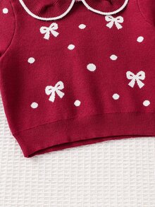 SHEIN 女童針織拼色蝴蝶結波點圖案彼得潘領休閒秋冬毛衣與裙子兩件套 - 酒紅色 - 查看 7