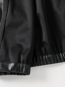 SHEIN 青少年女孩純色兒童PU皮革休閒百搭長袖秋季夾克 - 黑色 - 查看 6