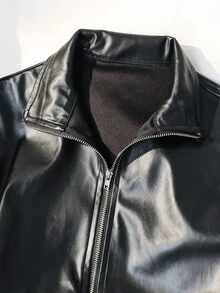 SHEIN 青少年女孩純色兒童PU皮革休閒百搭長袖秋季夾克 - 黑色 - 查看 5