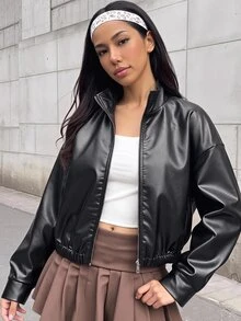 SHEIN 青少年女孩純色兒童PU皮革休閒百搭長袖秋季夾克 - 黑色 - 查看 4