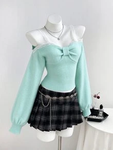 Elamini 女款蕾絲拼接百褶修身百搭日常休閒可愛浪漫燈籠袖淺灰色秋冬毛衣 - 藍色 - 查看 4