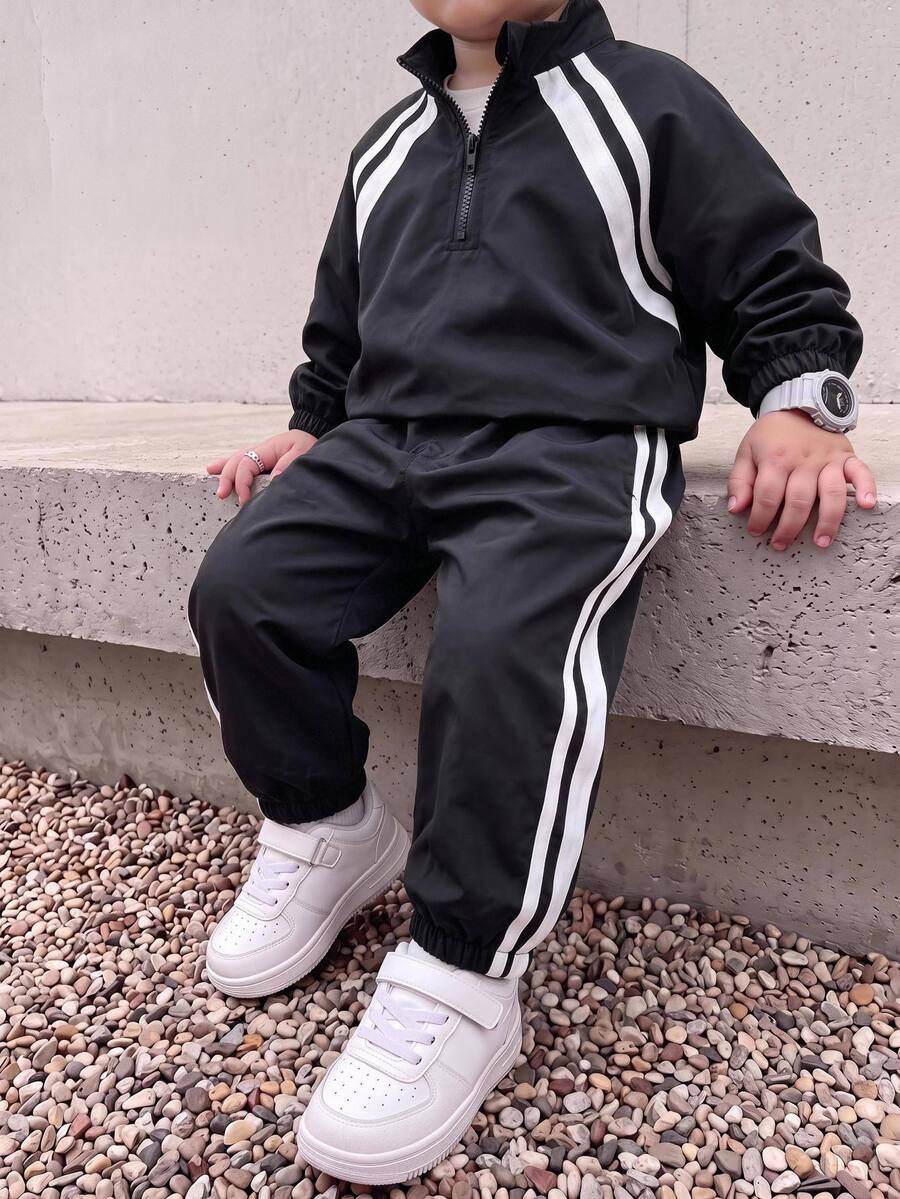 SHEIN 2pcs/Set Baby Boy Autumn/Winter Casual Striped Half-Zip Sweatshirt And Pants Sports Outfit - Multicolor - View 1