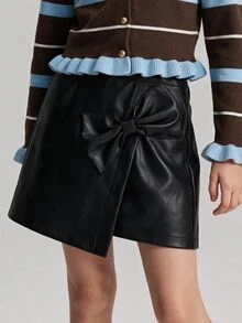 Maija Kids Maija Kids Young Girl Slit Fitted Sweet Front Bow Decor Skirt, Suitable For Autumn/Winter, Back To School, Outing, Birthday, Party Kids - Black - View 2