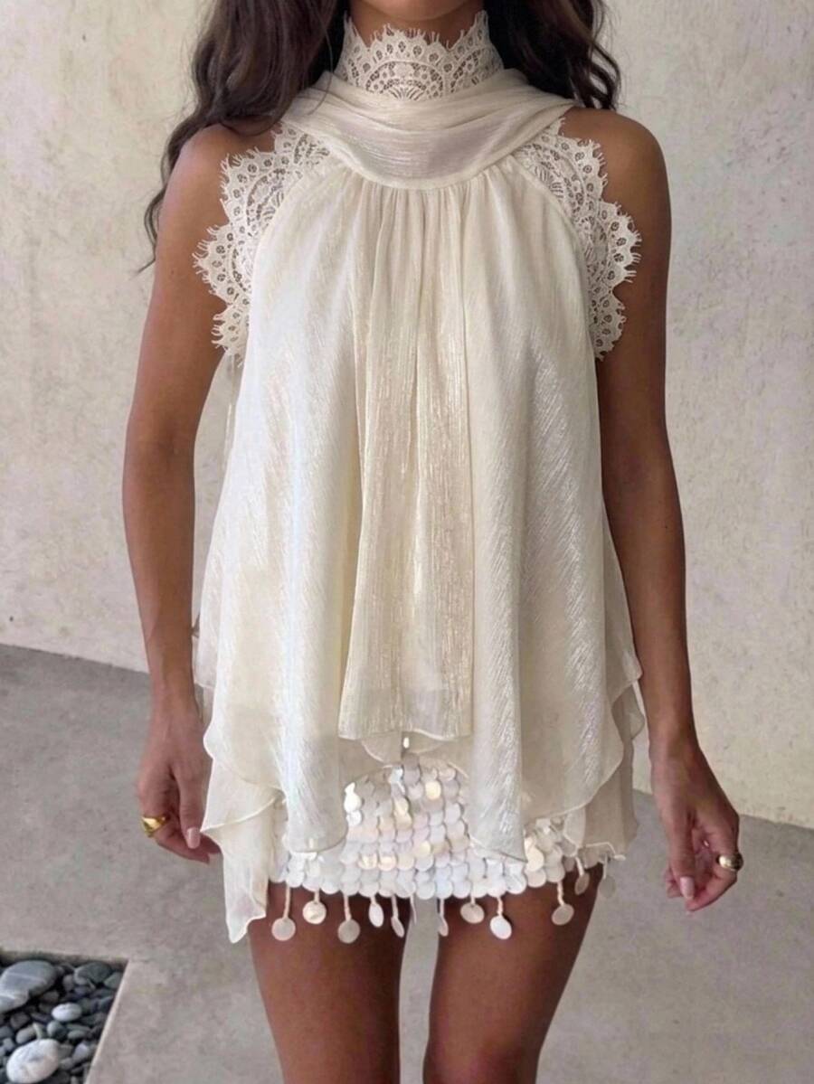 Aloruh Women's Lace Patchwork Pleated Casual Versatile Halter Neck Top - Apricot - View 1