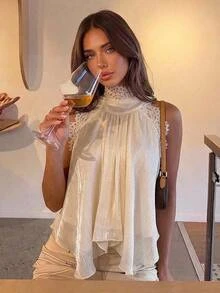 Aloruh Women's Lace Patchwork Pleated Casual Versatile Halter Neck Top - Apricot - View 5