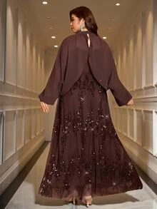 Reflora Plus Size Women's 2 Pieces Set, Fall, Elegant Romantic Formal Night, Dark Green With Lace Trim, Party Dinner Evening Wedding - Brown - View 6