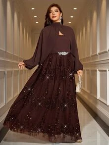 Reflora Plus Size Women's 2 Pieces Set, Fall, Elegant Romantic Formal Night, Dark Green With Lace Trim, Party Dinner Evening Wedding - Brown - View 4