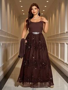 Reflora Plus Size Women's 2 Pieces Set, Fall, Elegant Romantic Formal Night, Dark Green With Lace Trim, Party Dinner Evening Wedding - Brown - View 3