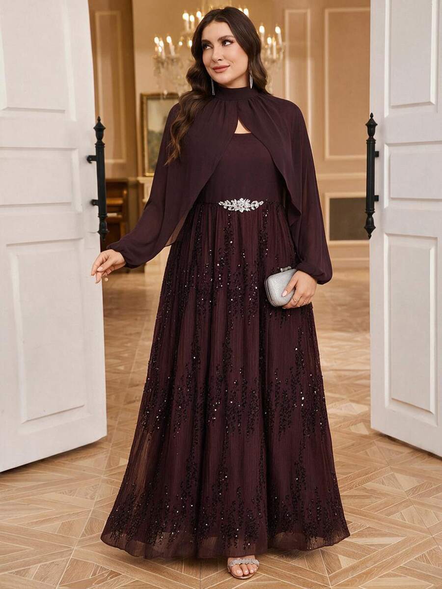 Reflora Plus Size Women's 2 Pieces Set, Fall, Elegant Romantic Formal Night, Dark Green With Lace Trim, Party Dinner Evening Wedding Christmas - Brown - View 1