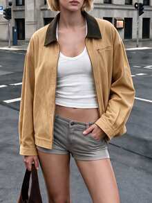 Omancia Cropped Jacket, Contrast Collar Zip‑Up Drop‑Shoulder Long Sleeve, For Daily Commuting Streetwear, Vintage Casual Autumn Dark Brown Everyday Travel - Khaki - View 4