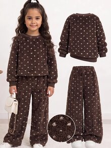 SHEIN 女童加厚秋冬新款休閒運動衫套裝，多色 - 咖啡棕 - 查看 1