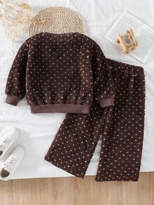 SHEIN 女童加厚秋冬新款休閒運動衫套裝，多色 - 咖啡棕 - 查看 2