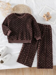 SHEIN 女童加厚秋冬新款休閒運動衫套裝，多色 - 咖啡棕 - 查看 3