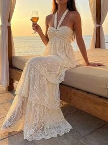 Aloruh Women's Lace Fashion Multi-Layer Ruffle Elegant Halter Neck Dress - Apricot - View 8