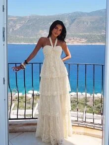 Aloruh Women's Lace Fashion Multi-Layer Ruffle Elegant Halter Neck Dress - Apricot - View 6