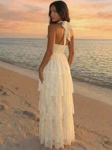 Aloruh Women's Lace Fashion Multi-Layer Ruffle Elegant Halter Neck Dress - Apricot - View 2