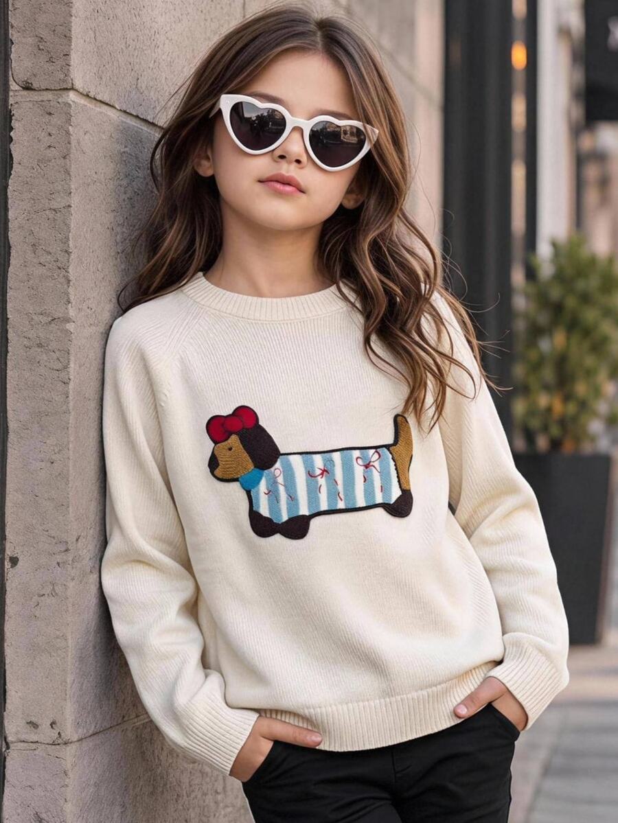 SHEIN Tween Girls Sweaters Autumn/Winter Kids Casual Crew Neck Long Sleeve Applique Embroidered , Versatile For Autumn/Winter, Winter Long Sleeve Sweater - Beige - View 1