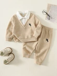 SHEIN 2pcs/Set Baby Boy Autumn/Winter Patchwork Polo Collar Long Sleeve Casual Sweatshirt And Pants Set, College Style - Multicolor - View 1