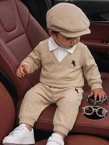 SHEIN 2pcs/Set Baby Boy Autumn/Winter Patchwork Polo Collar Long Sleeve Casual Sweatshirt And Pants Set, College Style - Multicolor - View 3