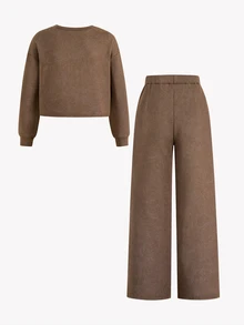 SHEIN 青少年女孩秋冬休閒街頭風雪花印花寬鬆圓領長袖兩件套 - 咖啡棕 - 查看 2