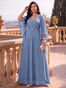 SHEIN Lady CURVE Light Blue Plus Size Lace 3D Floral Spring/Summer Shiny Curve Dress For Wedding Christening Guest Dinner Evening Formal Banquet Cocktail Party Elegant - Black - View 7