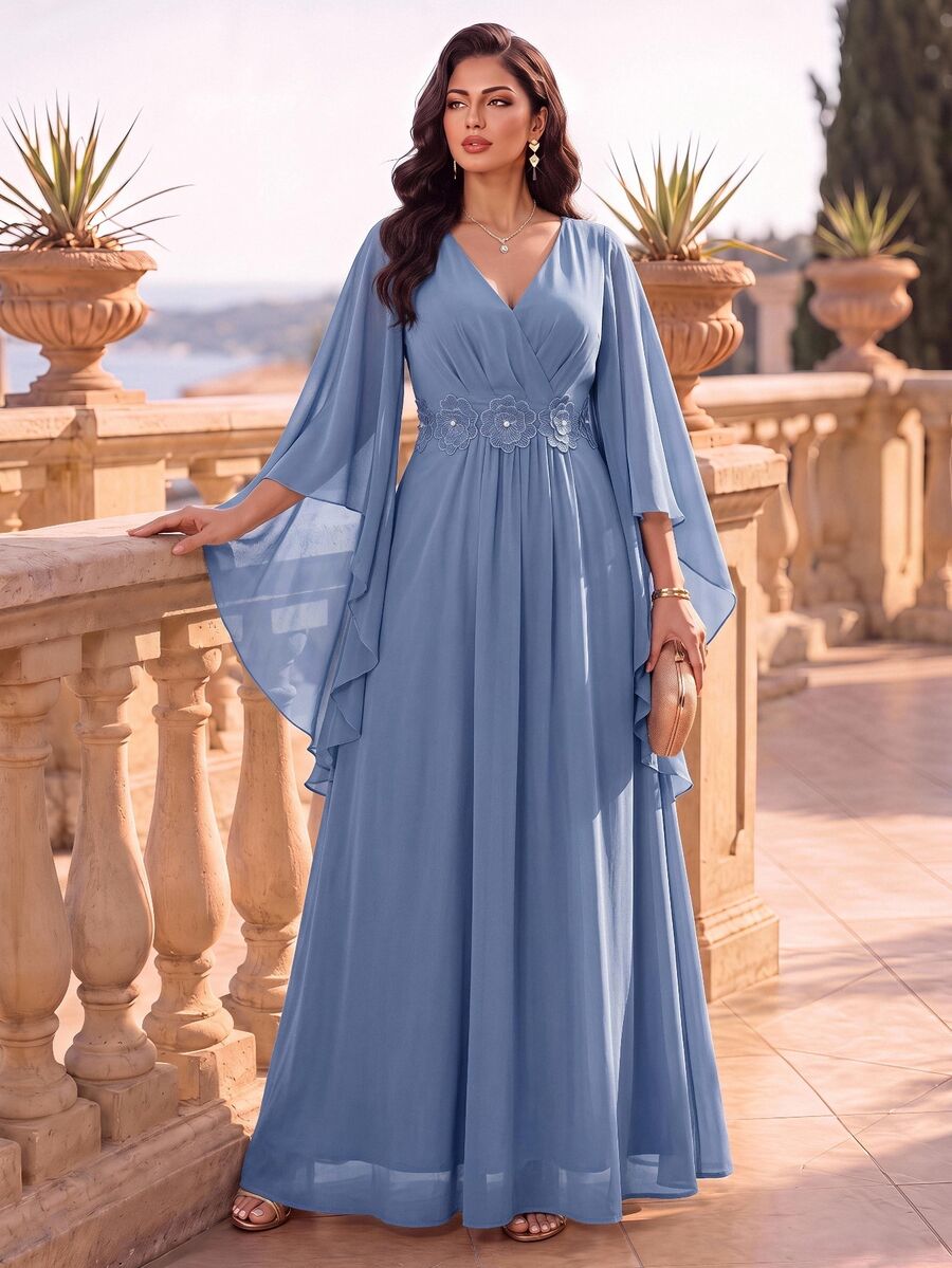 SHEIN Lady CURVE Light Blue Plus Size Lace 3D Floral Spring/Summer Shiny Curve Dress For Wedding Christening Guest Dinner Evening Formal Banquet Cocktail Party Elegant - Black - View 1