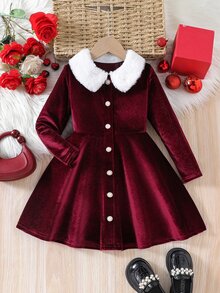 SHEIN Young Girl Casual & Kids Commute Elegant Black & White Color Block Button Decor Ruffle Hem Fitted Autumn Winter - Red - View 9