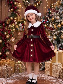 SHEIN Young Girl Casual & Kids Commute Elegant Black & White Color Block Button Decor Ruffle Hem Fitted Autumn Winter - Red - View 1