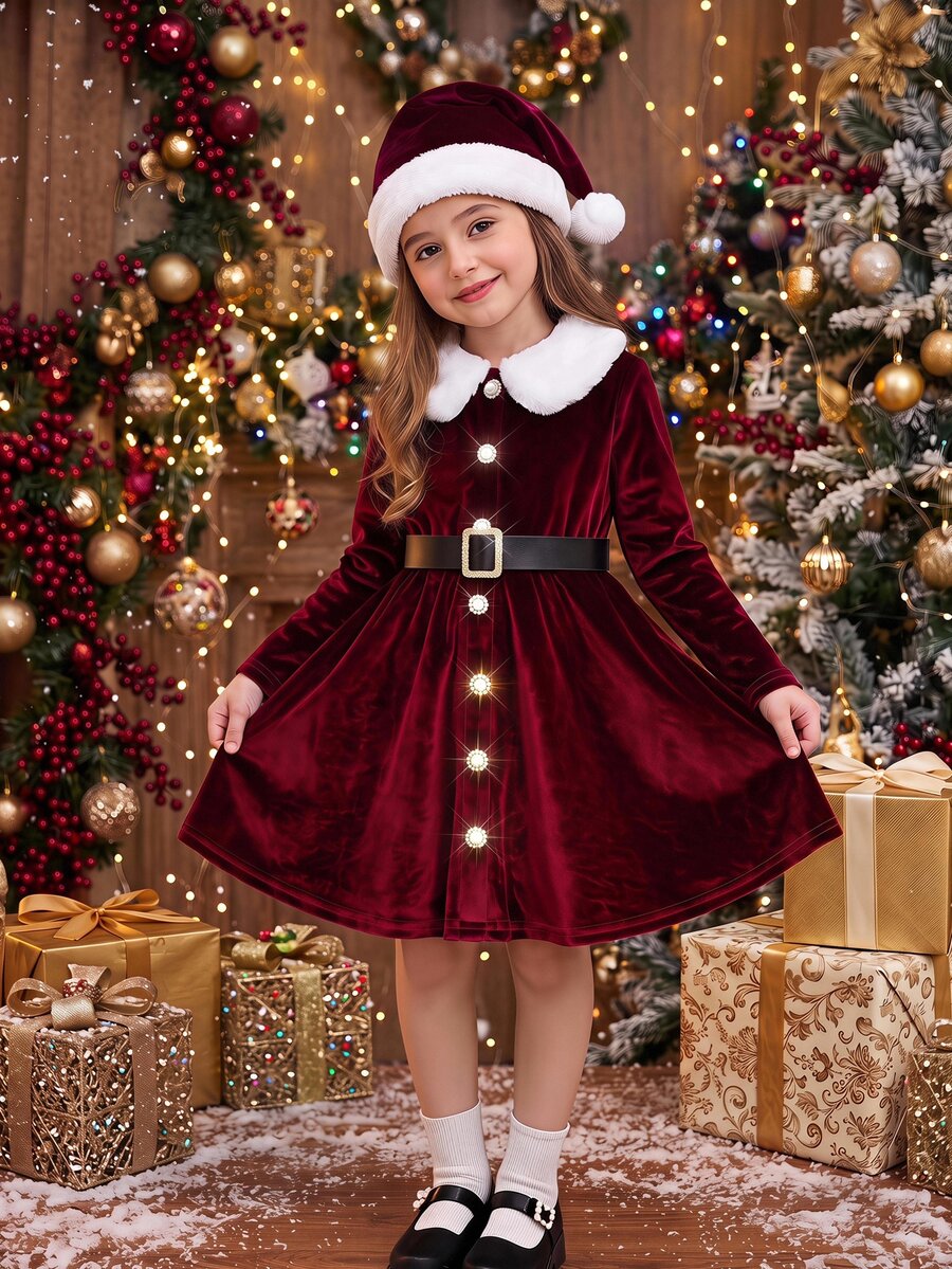 SHEIN Young Girl Casual & Kids Commute Elegant Black & White Color Block Button Decor Ruffle Hem Fitted Autumn Winter - Red - View 1