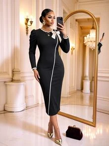 SHEIN Lady CURVE Plus Size Elegant Romantic Party Formal Dinner Cocktail Bow Decor Bodycon Dress Outfits Halloween New Year Evening Black And White Fall Thanksgiving - Black - View 1
