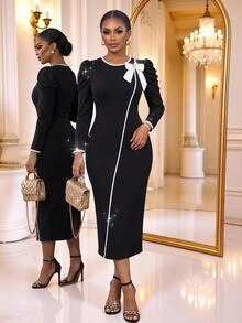 SHEIN Lady CURVE Plus Size Elegant Romantic Party Formal Dinner Cocktail Bow Decor Bodycon Dress Outfits Halloween New Year Evening Black And White Fall Thanksgiving - Black - View 6