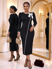 SHEIN Lady CURVE Plus Size Elegant Romantic Party Formal Dinner Cocktail Bow Decor Bodycon Dress Outfits Halloween New Year Evening Black And White Fall Thanksgiving - Black - View 4