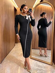 SHEIN Lady CURVE Plus Size Elegant Romantic Party Formal Dinner Cocktail Bow Decor Bodycon Dress Outfits Halloween New Year Evening Black And White Fall Thanksgiving - Black - View 3